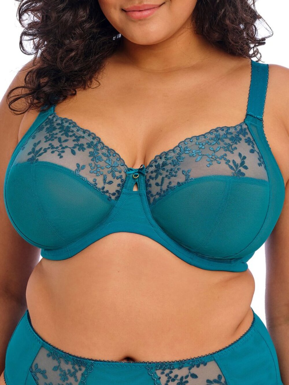 Elomi Zarla Plunge Underwire Bra Teal Embroidered Mesh 36HH